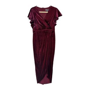 Velvet Midi Dress Ruffle Sleeve Tulip Hem Whimsigoth Glitter Vintage Wine Vneck